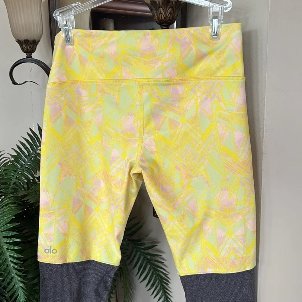 ALO Yoga Goddess Indio Zest High Waist Leggings Yellow Geometric & Gray Ribbed